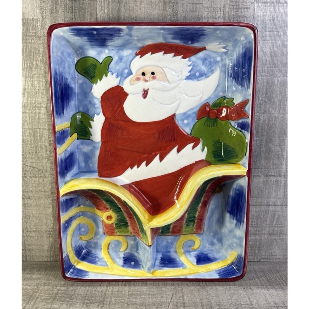Sleigh Ride Santa Serving Dish By Clay Art San Francisco 12x15 Chips And Dip